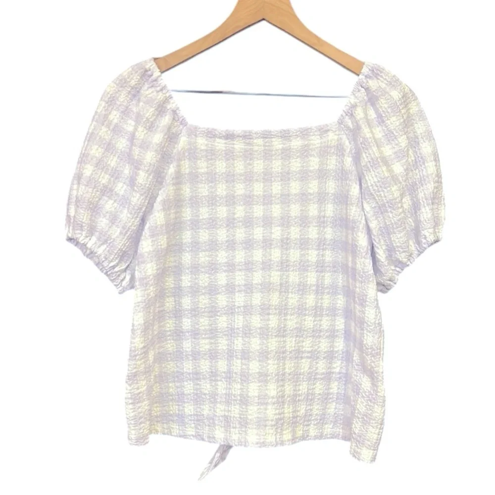 Loft Gingham Square Neck Tie Front Puff Sleeve Lilac White Top XS